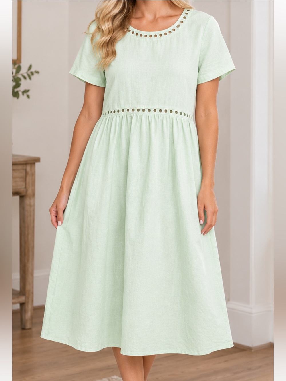 Green Casual Cotton Dress with Eyelet Trim - NWT - Size L